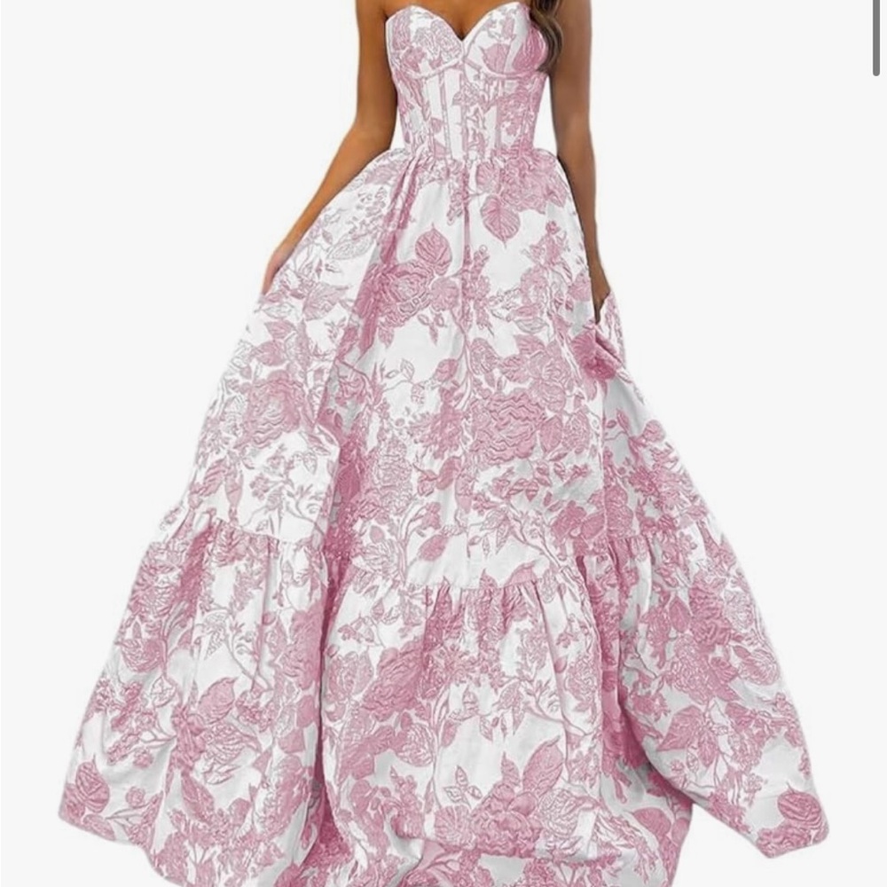 Pink and White Strapless Prom Dress